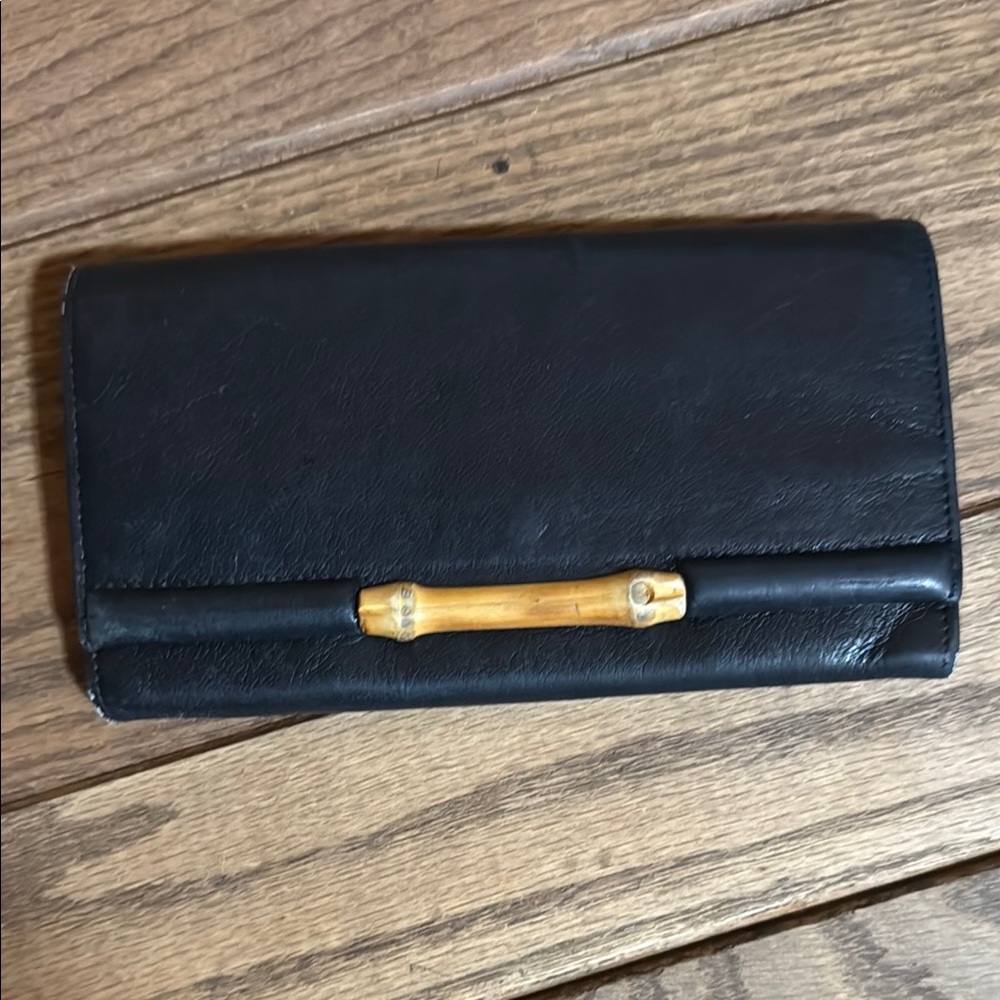 Black Leather Gucci Wallet with Bamboo Accent